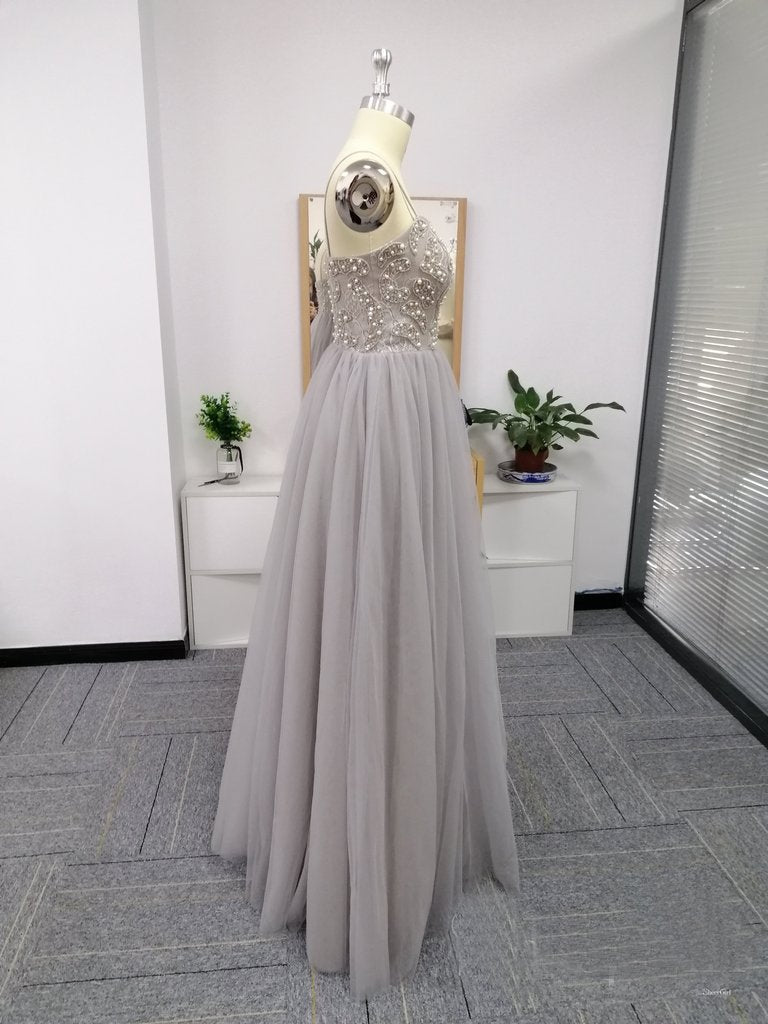 Silver Spaghetti Straps Beaded Bodice Tulle A Line Prom Dress INS82