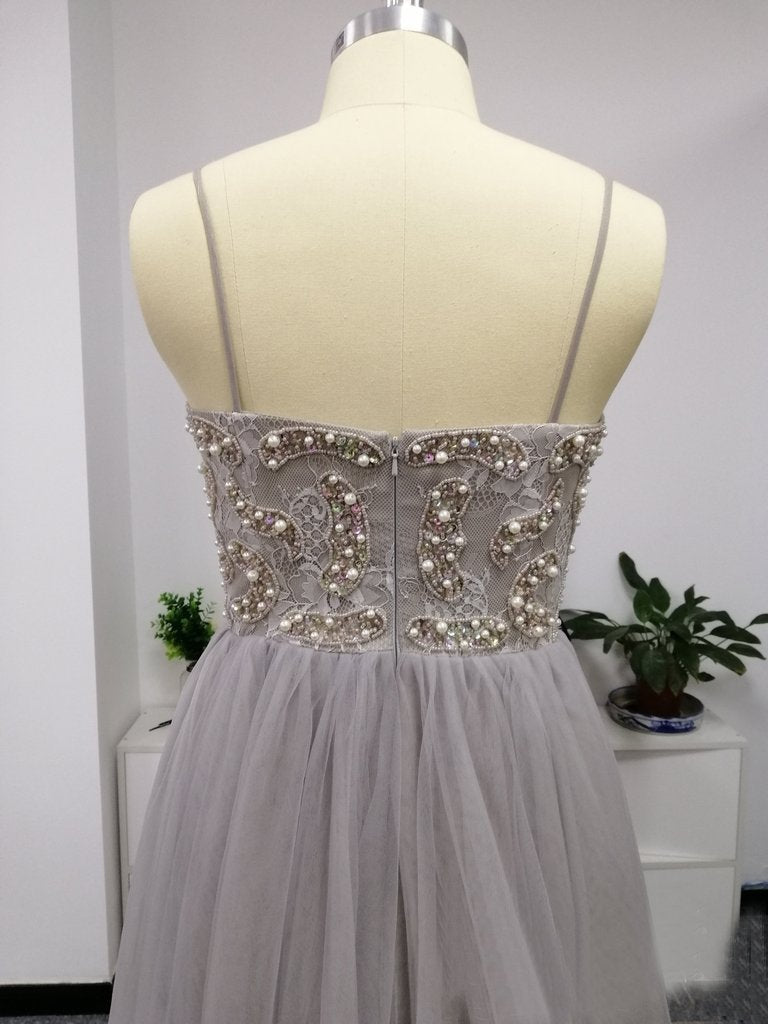 Silver Spaghetti Straps Beaded Bodice Tulle A Line Prom Dress INS82
