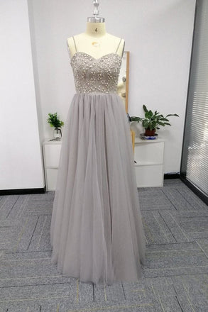 Silver Spaghetti Straps Beaded Bodice Tulle A Line Prom Dress INS82