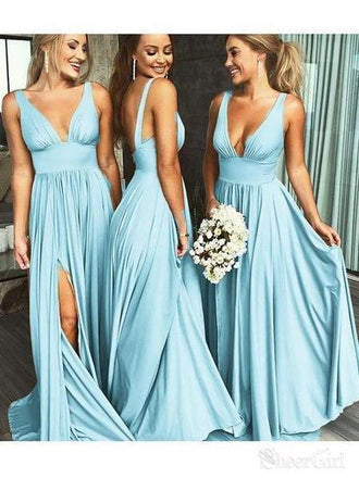 Burgundy A Line Deep V Neck Cheap Bridesmaid Dresses For Wedding INI92