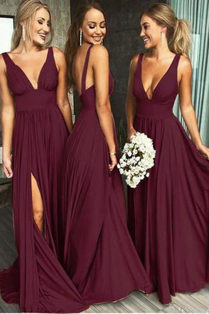 Burgundy A Line Deep V Neck Cheap Bridesmaid Dresses For Wedding INI92
