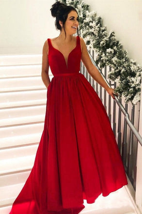 Simple Broad Straps Red Long Prom Dresses with Pocket V Neck Cheap Formal Dress INI9