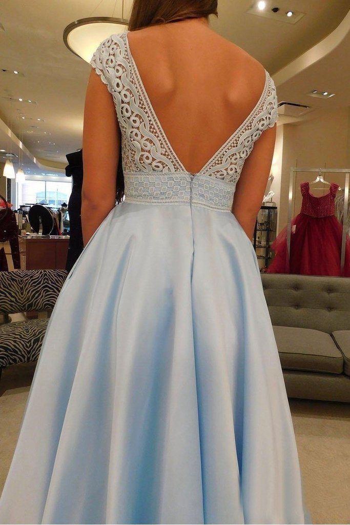 Simple V-Neck A Line Lace Cap Sleeves Sky Blue Prom Dress for Junior INS79