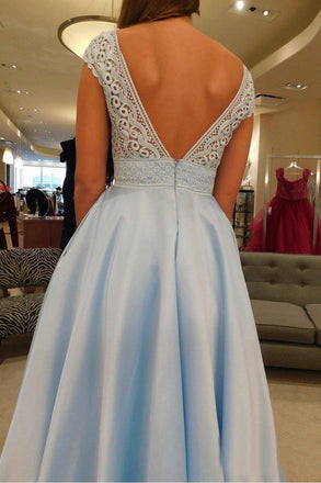 Simple V-Neck A Line Lace Cap Sleeves Sky Blue Prom Dress for Junior INS79