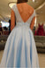 Simple V-Neck A Line Lace Cap Sleeves Sky Blue Prom Dress for Junior INS79