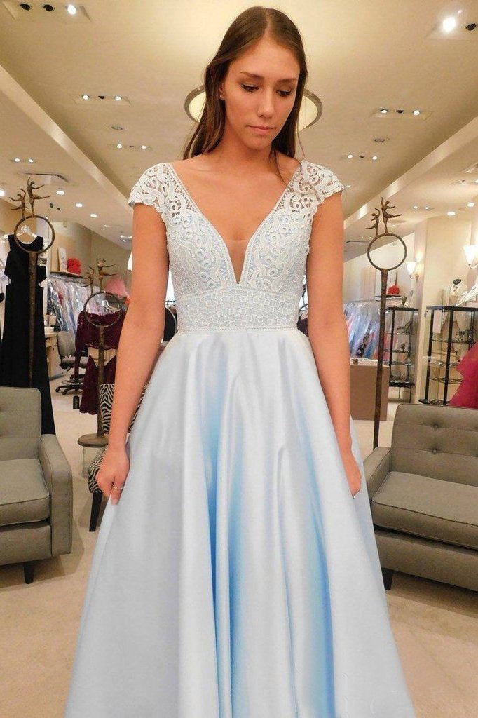 Simple V-Neck A Line Lace Cap Sleeves Sky Blue Prom Dress for Junior INS79