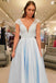 Simple V-Neck A Line Lace Cap Sleeves Sky Blue Prom Dress for Junior INS79