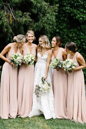 Simple V Neck Light Pink Bridesmaid Dresses Long Chiffon Maxi Dress INO19
