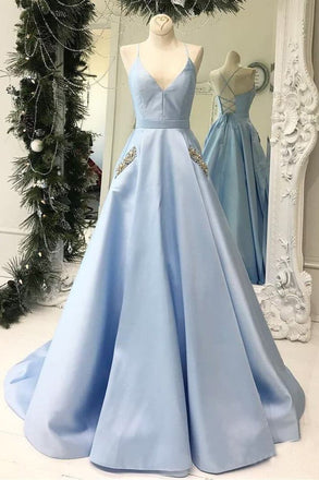 Simple Spaghetti Straps Sky Blue Satin Long Prom Dresses with Pocket INN77