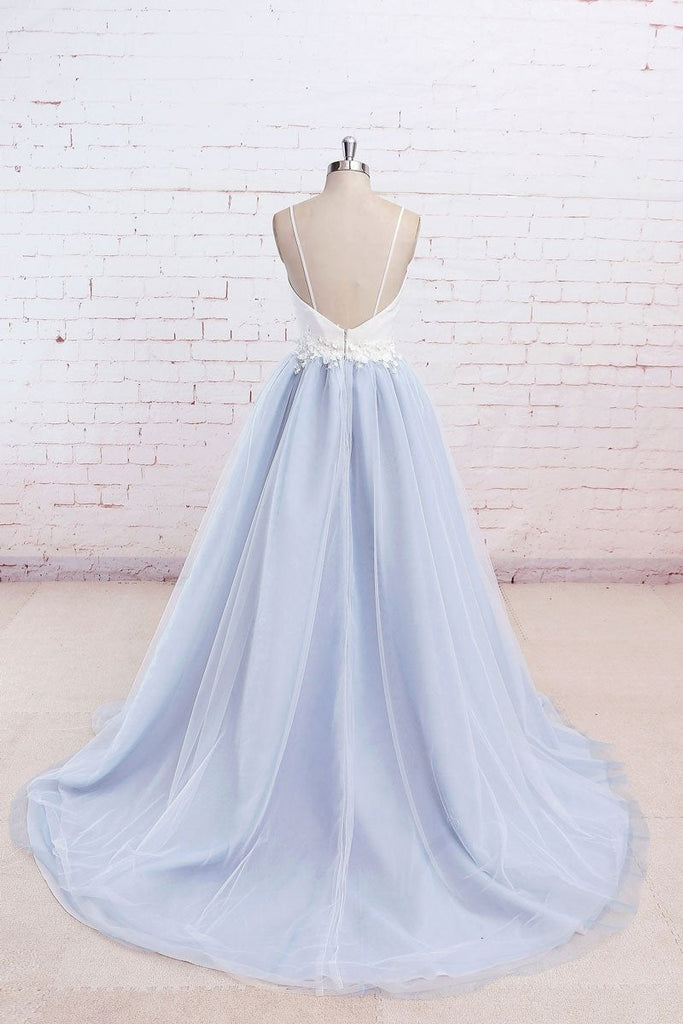 Baby Blue Tulle Long Simple Flower Senior Prom Dress With White Top,Long Tulle Evening Dress IN503