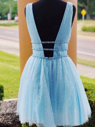 Sky Blue Beaded Backless Homecoming Dresses, Short Graduation Dress INO10