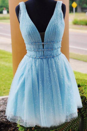 Sky Blue Beaded Backless Homecoming Dresses, Short Graduation Dress INO10