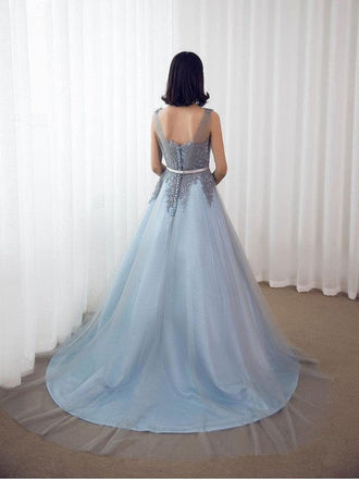 Sky Blue Formal Long Lace Appliqued Gray Tulle Prom Dresses Cheap Quinceanera Dresses INP2