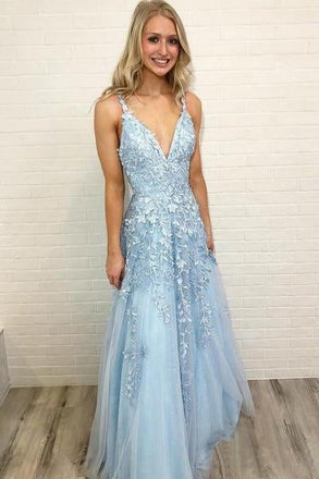 Sky Blue Lace Appliques Straps Long V Neck Prom Dresses INH45
