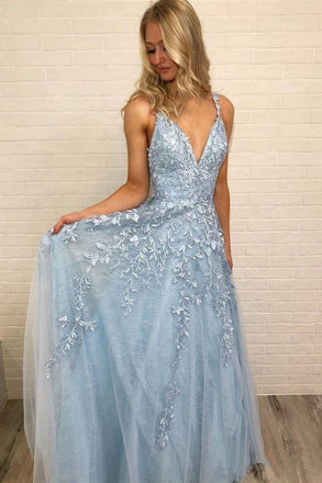 Sky Blue Lace Appliques Straps Long V Neck Prom Dresses INH45