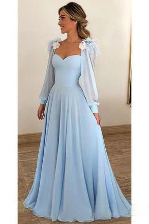 Light Blue A Line Long Chiffon Prom Dresses with Sleeves Modest Forma Evening Dress INH42