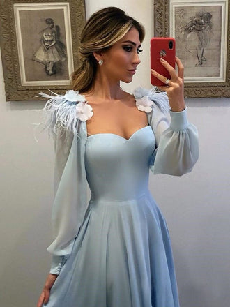 Light Blue A Line Long Chiffon Prom Dresses with Sleeves Modest Forma Evening Dress INH42