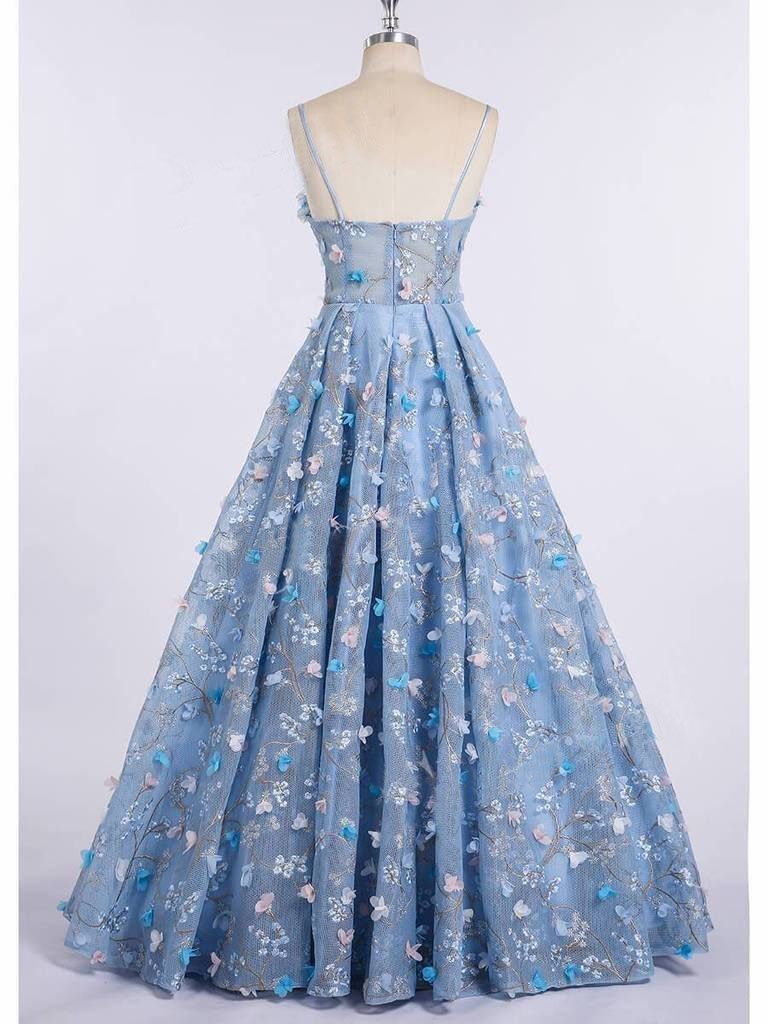 A-Line Lace Spaghetti Straps Long Light Blue Prom Dress INE42