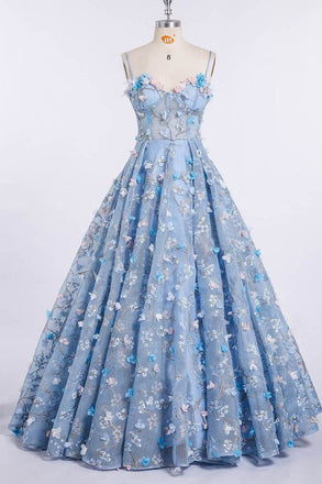Princess Spaghetti Strap 3D Flower Applique Sky Blue Prom Dresses Ball Gowns INH90