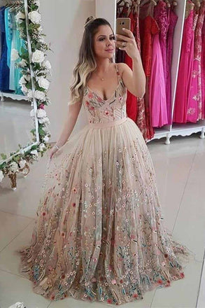 Spaghetti Strap A Line Floral Embroidery Prom Dresses Long Formal Party Dress INH48