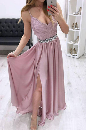 Spaghetti Strap Lace Prom Dresses V-neck Rhinestone Formal Dress With Slit INO84