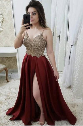 Spaghetti Strap A Line Maroon Long Beaded Prom Dresses with Slit and Gold Lace INI29