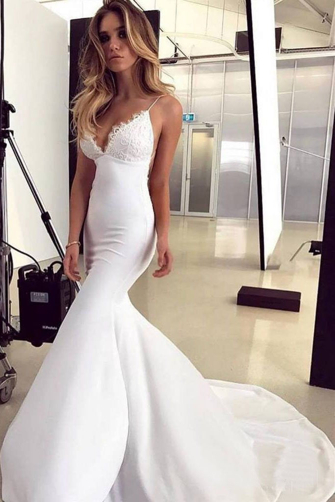 Spaghetti Strap V Neck Lace Long Mermaid Prom Dress INL45