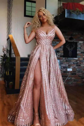 Spaghetti Strap V Neck Rose Gold Sequins Prom Dresses Sexy Side Slit Prom Dress INN76