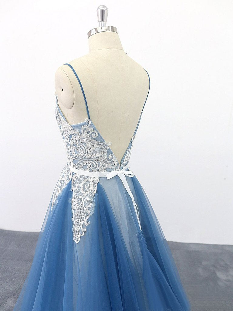 Spaghetti Straps A Line Party Dress Appliques Blue Tulle Prom Dresses INS13