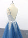 Spaghetti Straps A Line Party Dress Appliques Blue Tulle Prom Dresses INS13