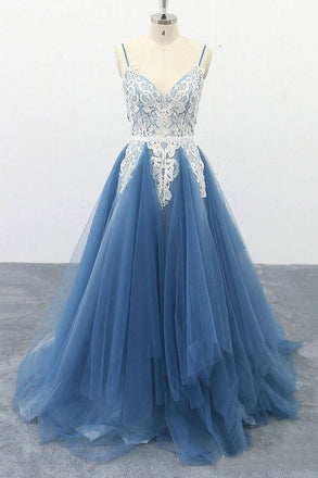 Spaghetti Straps A Line Party Dress Appliques Blue Tulle Prom Dresses INS13