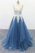 Spaghetti Straps A Line Party Dress Appliques Blue Tulle Prom Dresses INS13