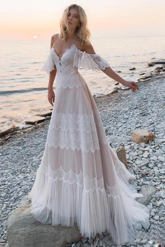 Spaghetti Straps Cold Shoulder  Ivory Tulle V Neck Wedding Dresses INP86