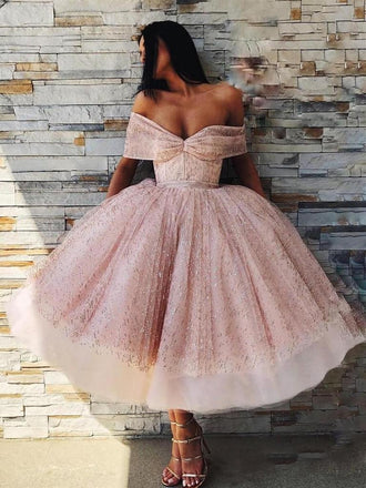 Off the Shoulder Sparkly Pink Tea Length Ball Gown Prom Dresses INI5