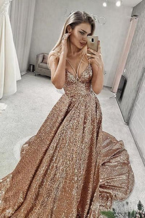 Sparkly Sequin V Neck Long Junior Prom Dresses with Straps INI27