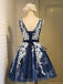A-line Scoop Knee-length Navy Blue Organza Lace Up Back Homecoming Dress with Appliques IN377