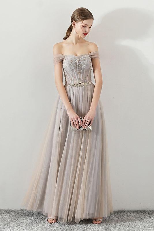 A Line Tulle Long Straps Lace Up Back Beaded Prom Dresses,Evening Dress ING73
