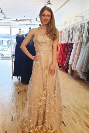 Sweetheart Long Prom Dresses Junior Formal Dresses With Lace Applique INK53