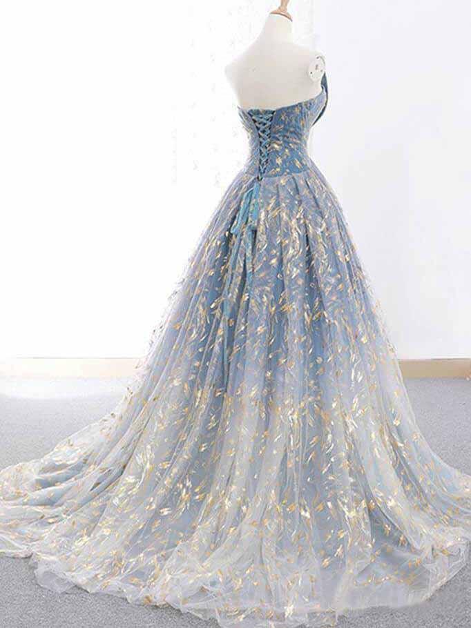 Blue and Gold Lace Ball Gown Prom Dresses, Sweet 16 Princess Quinceanera Dress INH63