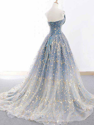 Blue and Gold Lace Ball Gown Prom Dresses, Sweet 16 Princess Quinceanera Dress INH63