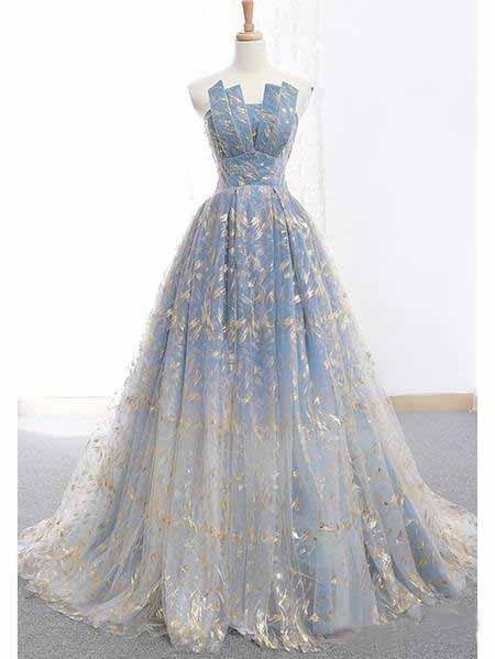 Blue and Gold Lace Ball Gown Prom Dresses, Sweet 16 Princess Quinceanera Dress INH63