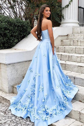 Sweetheart Sky Blue Long Satin Cheap Prom Dresses with 3D Floral Applique INI2