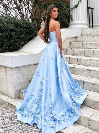Sweetheart Sky Blue Long Satin Cheap Prom Dresses with 3D Floral Applique INI2