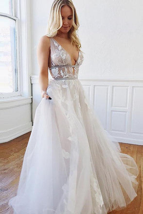 A Line Deep V-Neck Backless White Tulle Prom Dress With Appliques INQ63