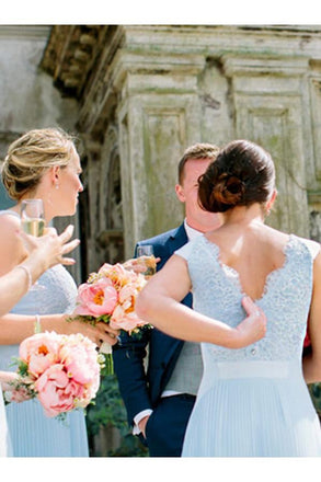 Cheap A-Line Bateau Sleeveless Light Sky Blue Chiffon Aline Long Bridesmaid Dress with Lace IN654