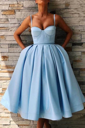 Tea Length Sky Blue Prom Dress with Pocket Spaghetti Straps Simple Graduation Dress INN81