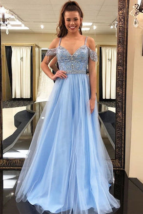 Gorgeous Beading Blue Tulle Long A Line Puffy Prom Dress,Graduation Dress IN825
