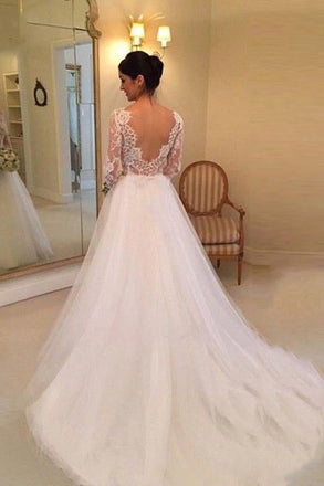 A-line V-neck Long Sleeves Court Train Tulle Wedding Dress With Lace Appliques IN526