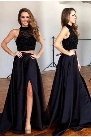 Two Pieces Black Long Sexy Split Prom Dress, Formal Graduation Party Dresses IN147