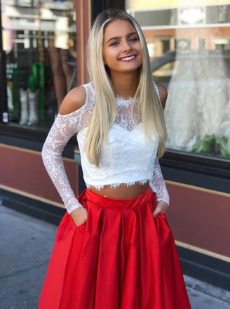 Two Piece Long Sleeves Cold Shoulder Red Long Prom Dress with White Lace Pockets INI73